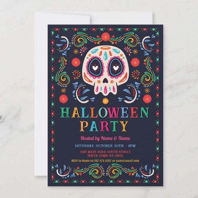 Halloween Birthday Sugar Skull Fiesta Mexican Inbjudningar (Framsida)
