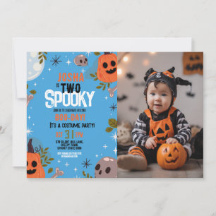 Halloween Birthday TWO Boys Party Photo Blue Inbjudningar