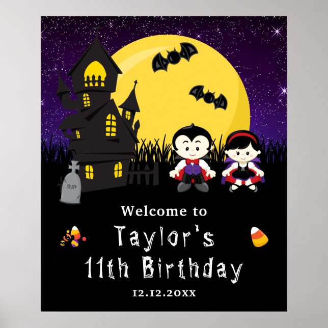 Halloween Birthday Vampires Lila Välkomstskylt Poster (Framsidan)