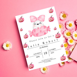 Halloween Birthday vattencolor rosa pumpkin spöke Inbjudningar