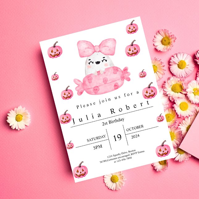 Halloween Birthday vattencolor rosa pumpkin spöke Inbjudningar (Skapare uppladdad)