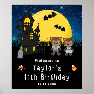 Halloween Birthday Werewolfs Blue Välkomstskylt Poster