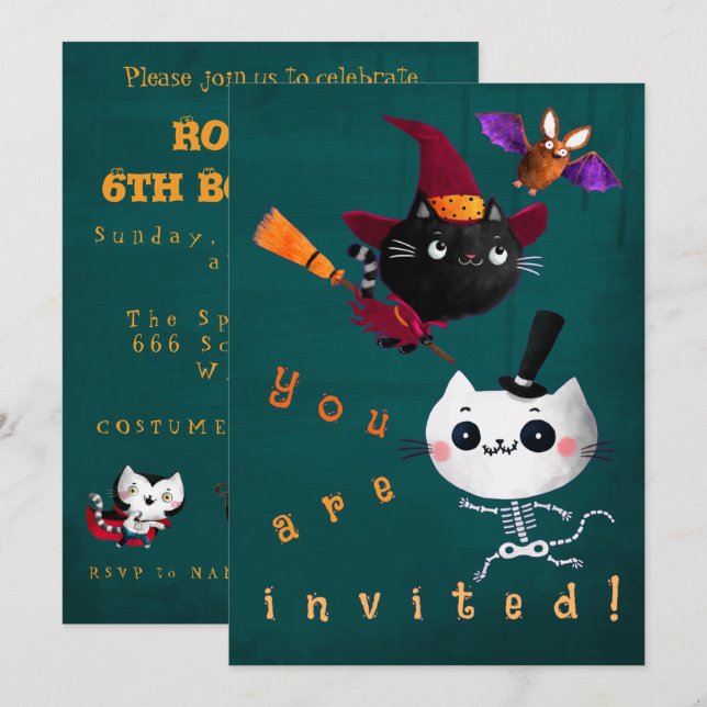 Halloween Birthday Witch Cats Fladdermus Vampire S Inbjudningar (Fram/baksida)