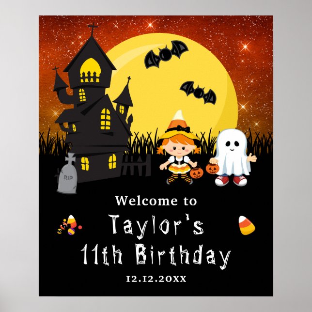 Halloween Birthday Witch Ghost Orange Välkomstteck Poster (Framsidan)