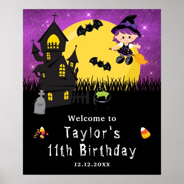 Halloween Birthday Witch Lila Välkomstskylt Poster (Framsidan)