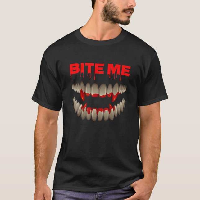 Halloween Bita Me Vampire Bloody Teeth Fangs Costu T Shirt (Framsida)