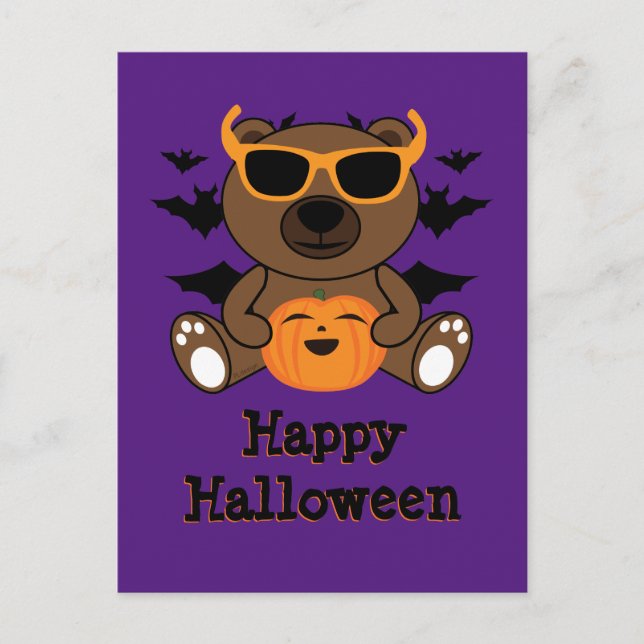 Halloween björn pumpa Cool söt Lila Vykort (Framsida)