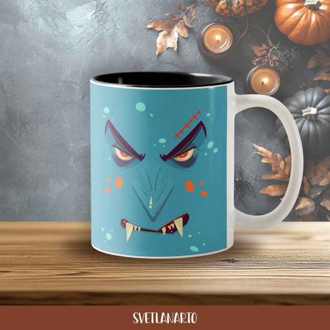 Halloween Blå Grinig Vampyr Kaffe Mugg (Frontal view
)