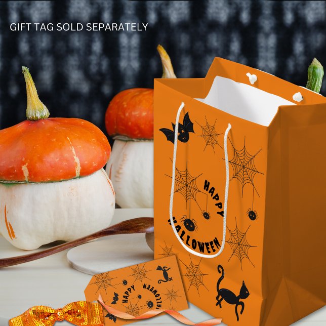 Halloween Black and Orange Gift Bag (Halloween Black & Orange gift bag with bats, black cats, spiders and cobwebs.)