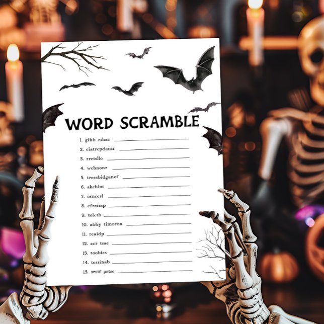 Halloween Black and White Fladdermus Ord Scramble  (Black and White Bats Baby Shower Word Scramble Game)