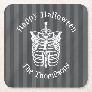 Halloween Black and White Spooky Skeleton Underlägg Papper Kvadrat