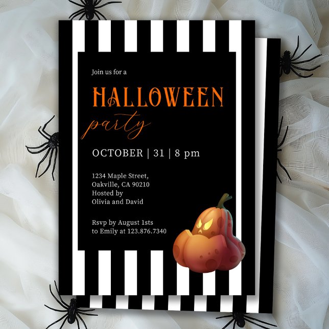 Halloween Black and White Stripe Pumpkin Party Inbjudningar (Skapare uppladdad)