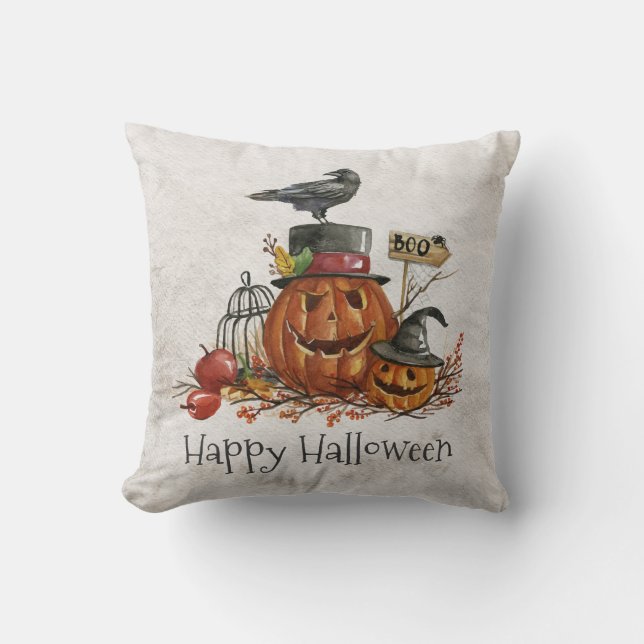 Halloween Black Bird och Pumpkins | Dekorativ kudd Kudde (Framsida)