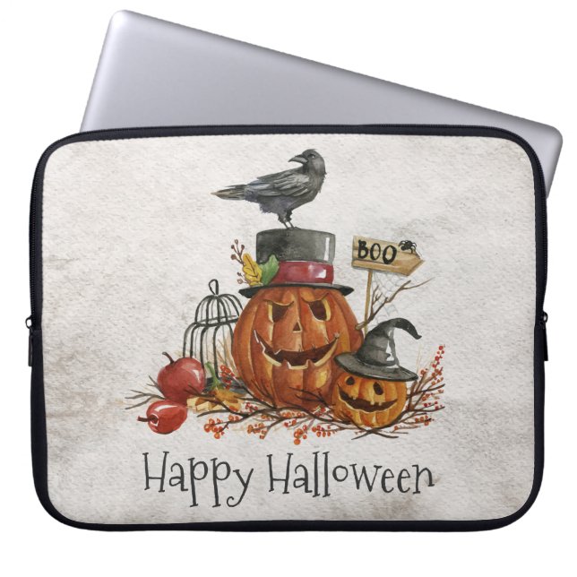 Halloween Black Bird och Pumpkins Laptop sleeve (Framsidan)