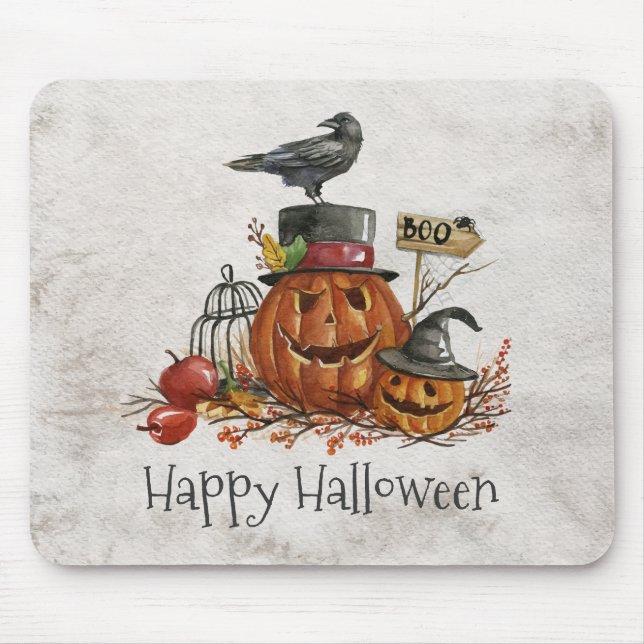 Halloween Black Bird och Pumpkins | Mousepad Musmatta (Framsidan)