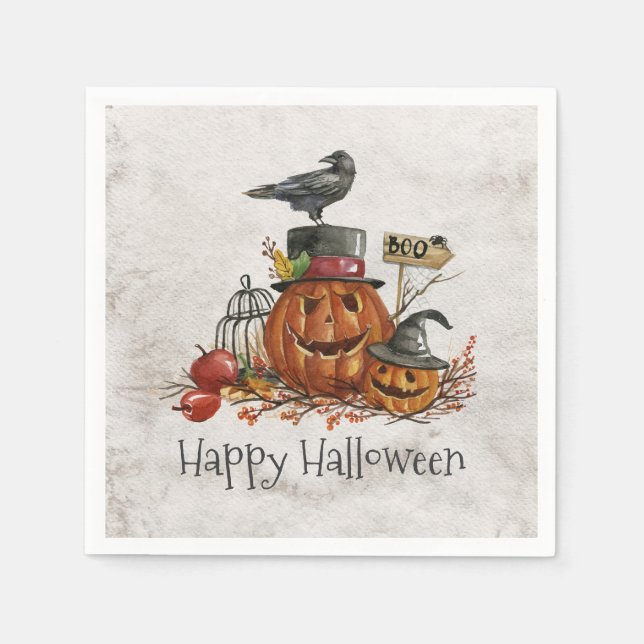 Halloween Black Bird och Pumpkins | Napkin Pappersservett (Framsidan)