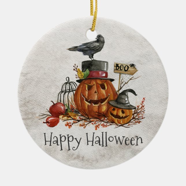 Halloween Black Bird och Pumpkins | Ornament (Framsidan)