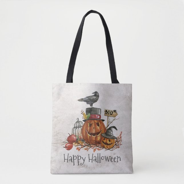 Halloween Black Bird och Pumpkins | Tote Bag Tygkasse (Framsida)