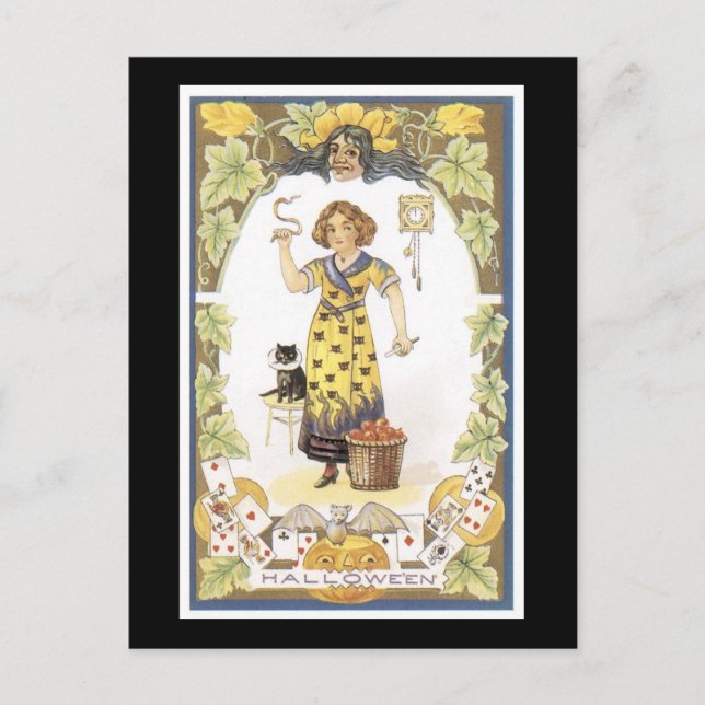 Halloween Black Cat and Girl Vykort (Framsida)