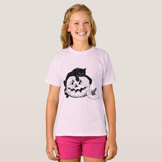 Halloween Black Cat and Jack o&#x27;Lantern Childrens T Shirt (Hel framsida)