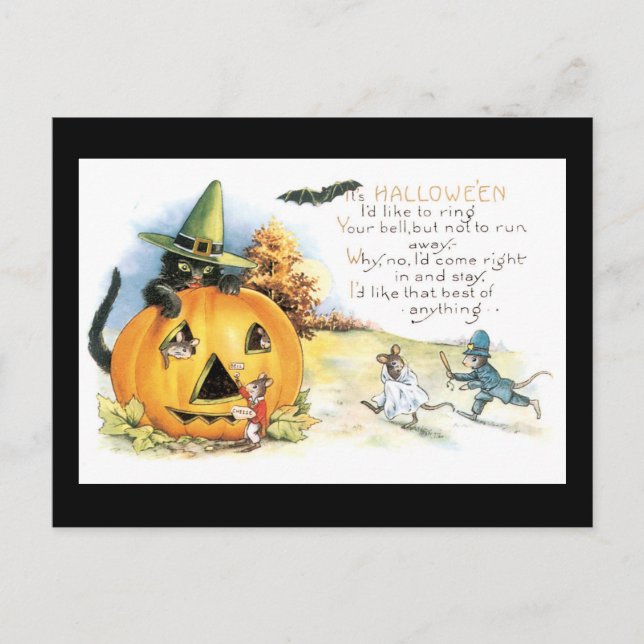 Halloween Black Cat and Mouse Vykort (Framsida)