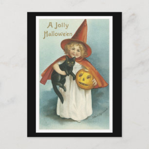 Halloween Black Cat and Witch Girl Vykort