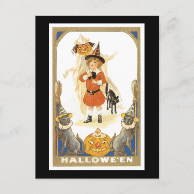 Halloween Black Cat and Witch Girl Vykort (Framsida)