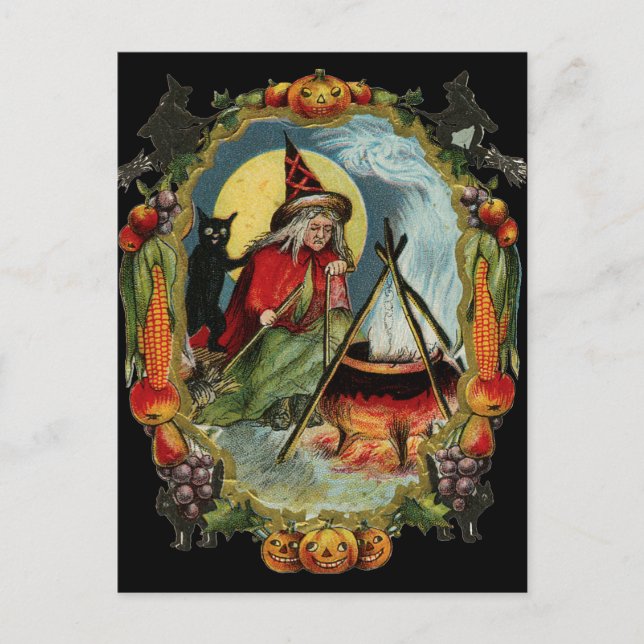 Halloween Black Cat and Witch Vykort (Framsida)