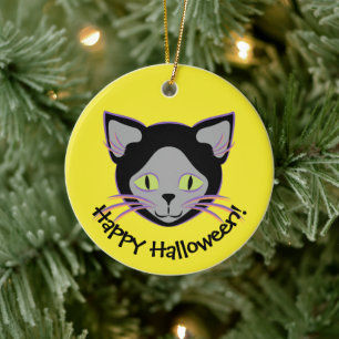 Halloween Black Cat Ansikte Julgransprydnad Keramik