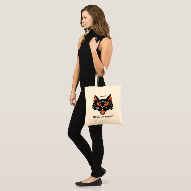 Halloween Black Cat Bus eller godis Bag med Namn Tygkasse (Fram (modell))