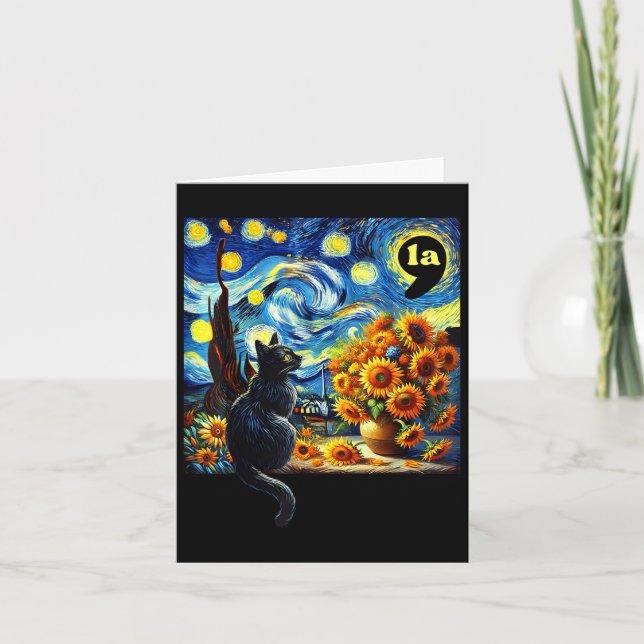 Halloween Black Cat Comma La Starry Night Art Kama Kort (Framsida)