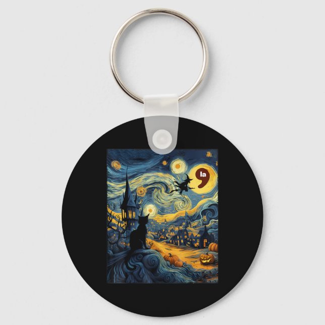 Halloween Black Cat Comma La Starry Night Art Kama Nyckelring (Framsida)