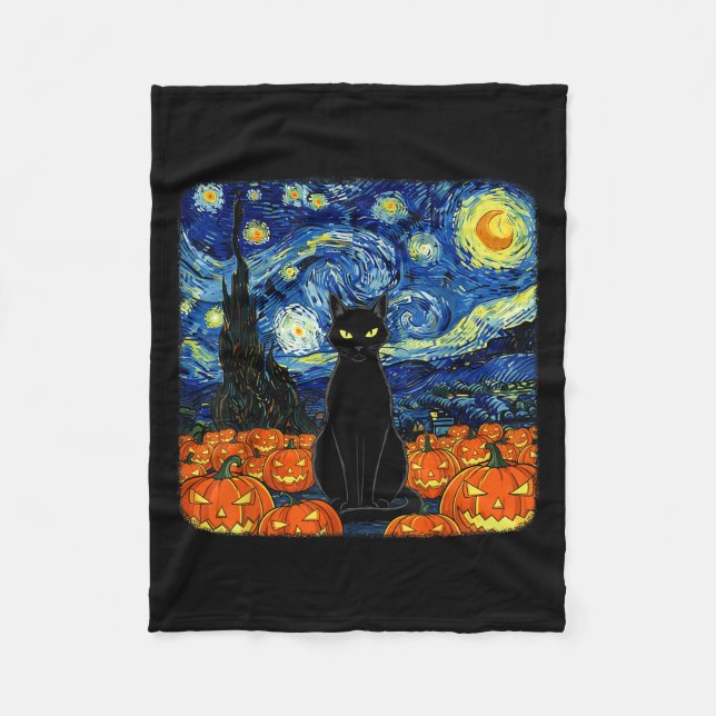 Halloween Black Cat Costume Van Gogh Starry Night Fleecefilt (Framsidan)