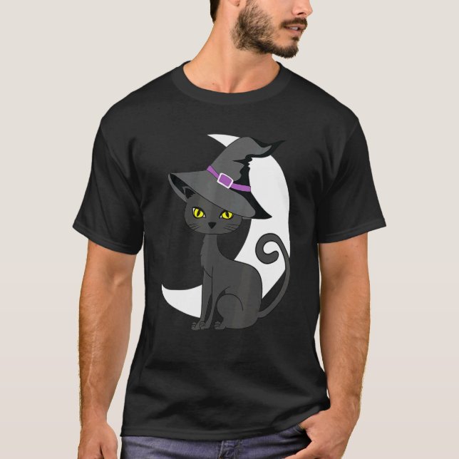Halloween Black Cat Costume Witch Hat & Måne Manar T Shirt (Framsida)