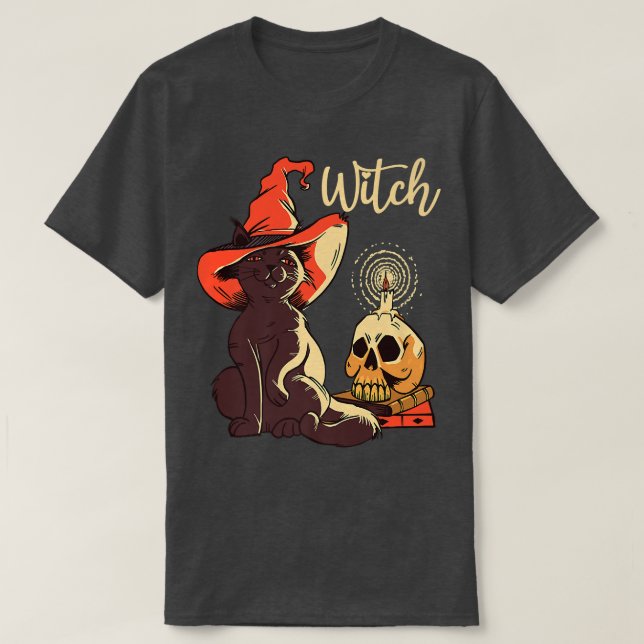 Halloween Black Cat Costume Witch Hat & Måne Manar T Shirt (Design framsida)