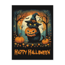 Halloween Black Cat Creepy Pumpkin Full Moon
