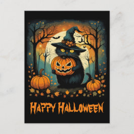 Halloween Black Cat Creepy Pumpkin Full Moon Vykort