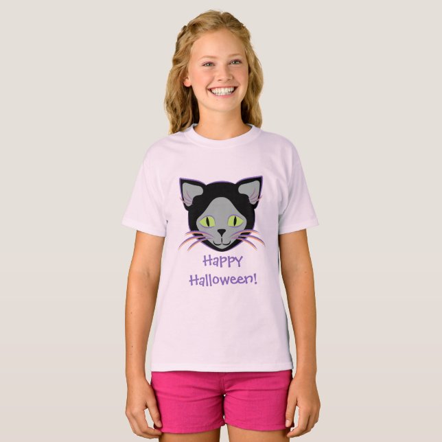 Halloween Black Cat Cute Ansikte Tee Shirt (Hel framsida)