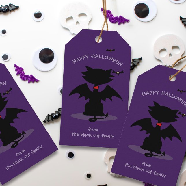Halloween Black Cat Fladdermus Bus eller godis Gif Presentetikett (Purrfect gift tags for your black cat themed Halloween Party. Just add your family name)