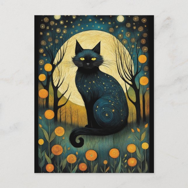 Halloween Black Cat Forest Blommigt Full Moon Vykort (Framsida)