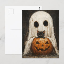 Halloween Black Cat & Ghost - Cute Spooky Vykort