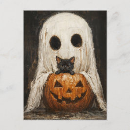 Halloween Black Cat & Ghost - Cute Spooky Vykort