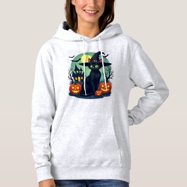 Halloween Black Cat Hat Spooky Cat and Pumpkin Gra T Shirt (Framsida)