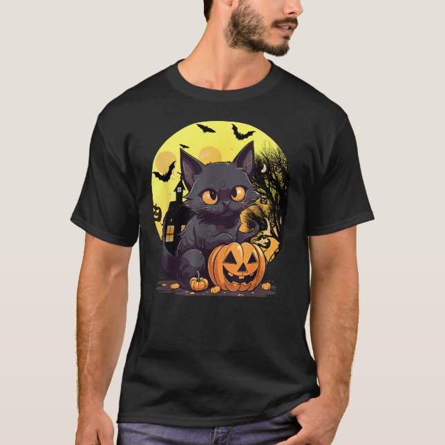 Halloween Black Cat Haunted Mansion Happy Hallowee T Shirt (Framsida)