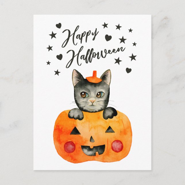 Halloween Black Cat i Jack O'Lantern Helg Vykort (Framsida)