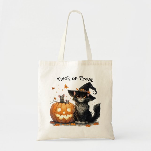 Halloween Black Cat i Witch Hat Bus eller godis Tygkasse (Framsidan)