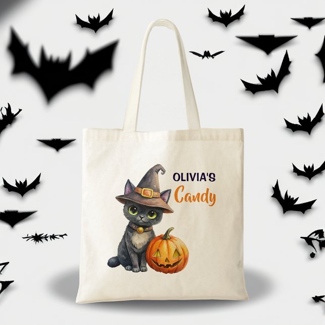 Halloween Black cat jack o lantern anpassad Tygkasse (Halloween cute black cat jack o lantern customized name tote bag Halloween gifts for kids)
