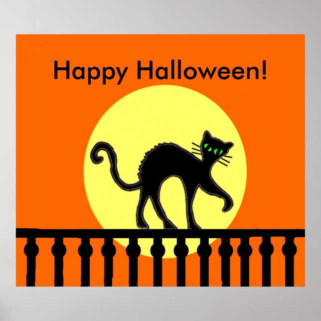 Halloween Black Cat Måne Fence Poster (Framsidan)