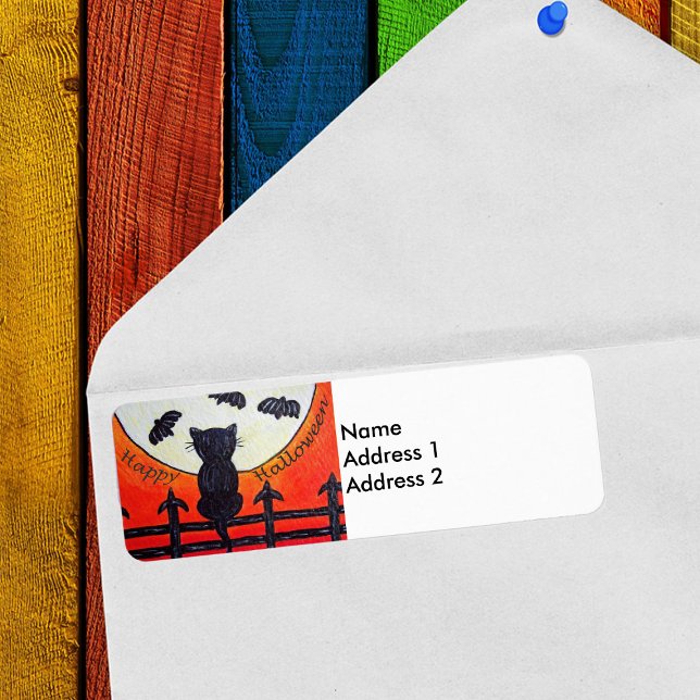 Halloween Black Cat Måne Fladdermus Returadress Etikett (Happy Halloween black cat on fence bats in full moon on orange return address labels.)