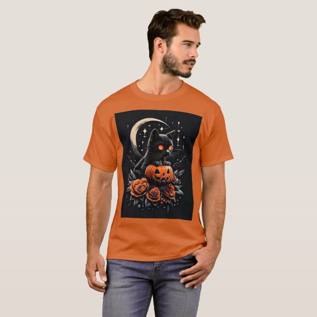 Halloween Black Cat, Måne och Pumpkin T Shirt (Hel framsida)